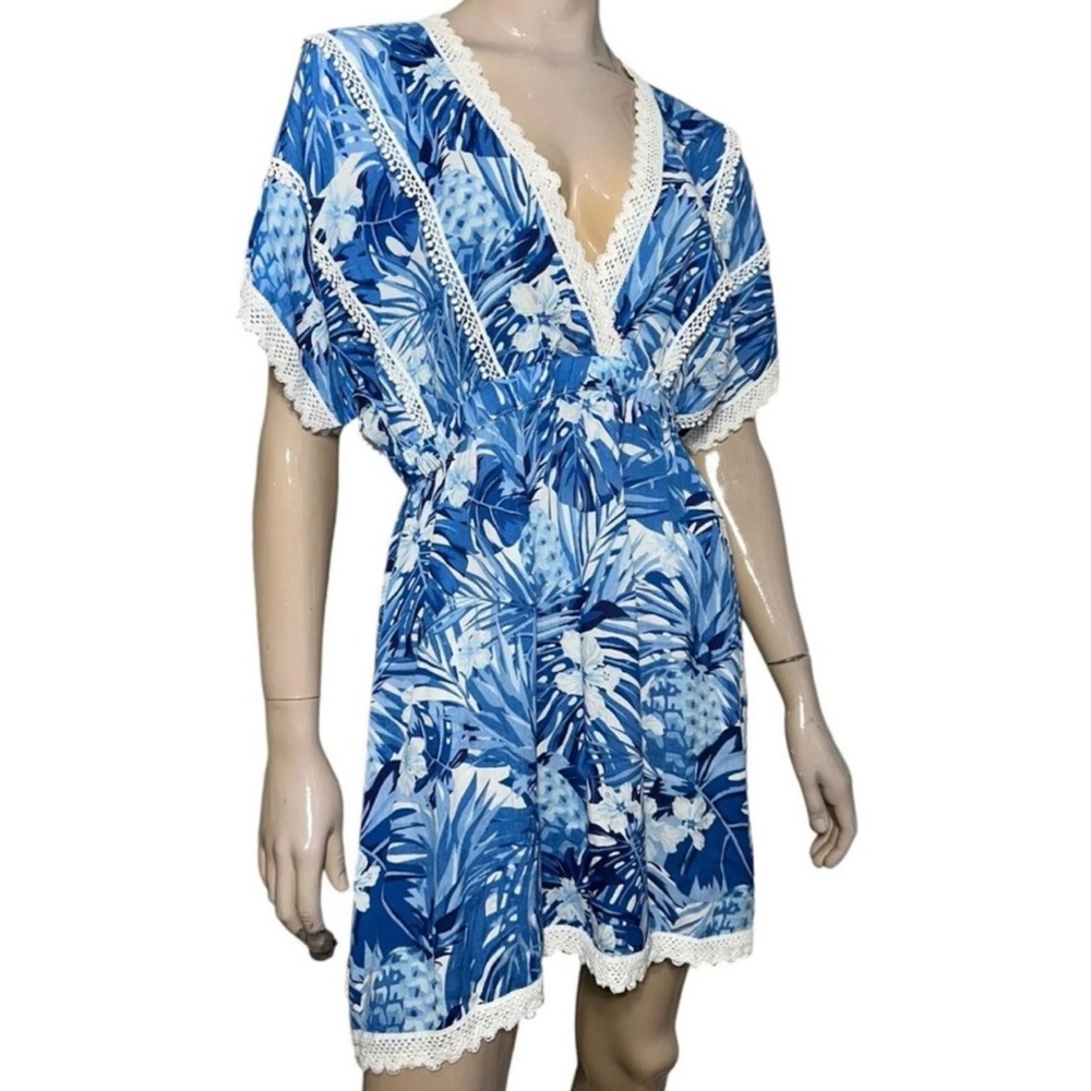 America & Beyond Women Blue White Print Embroidered Lace Surplice Dress Coverup